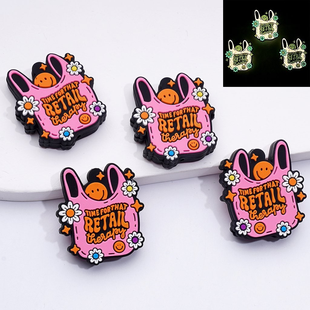 ショッピングセラピーのための光り輝く時間 ピンクのショッピングバッグ かわいい花と星の笑顔の顔 シリコンフォーカルビーズ