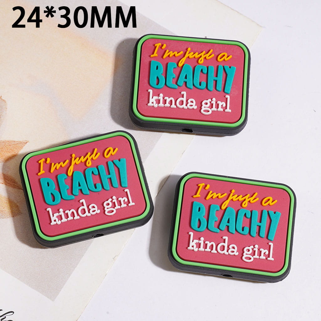 Silicone Focal Beads with Text "I'm just a beachy Kinda Girl", Round Rectangle Shape, 24*30MM
