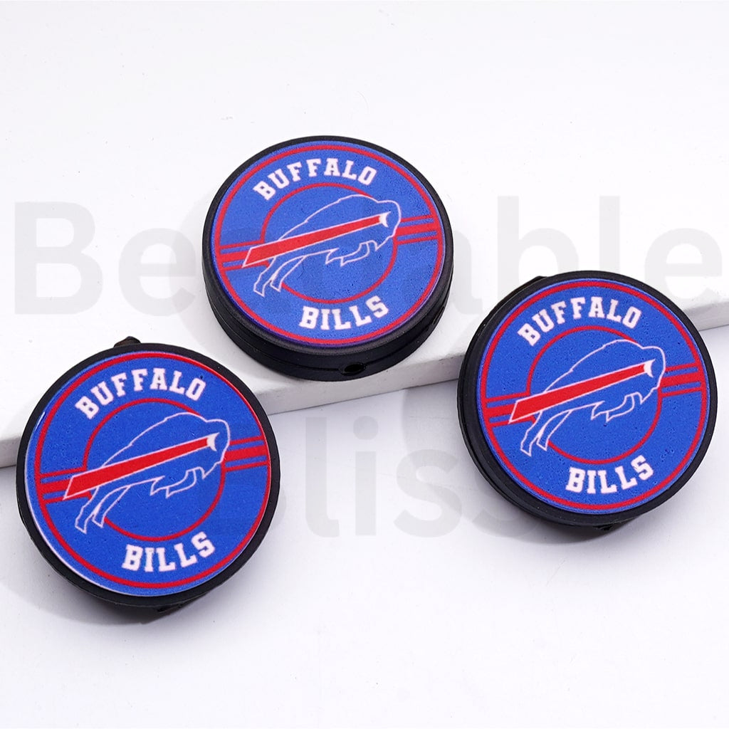 Three Buffalo Bills logo coasters on a white background