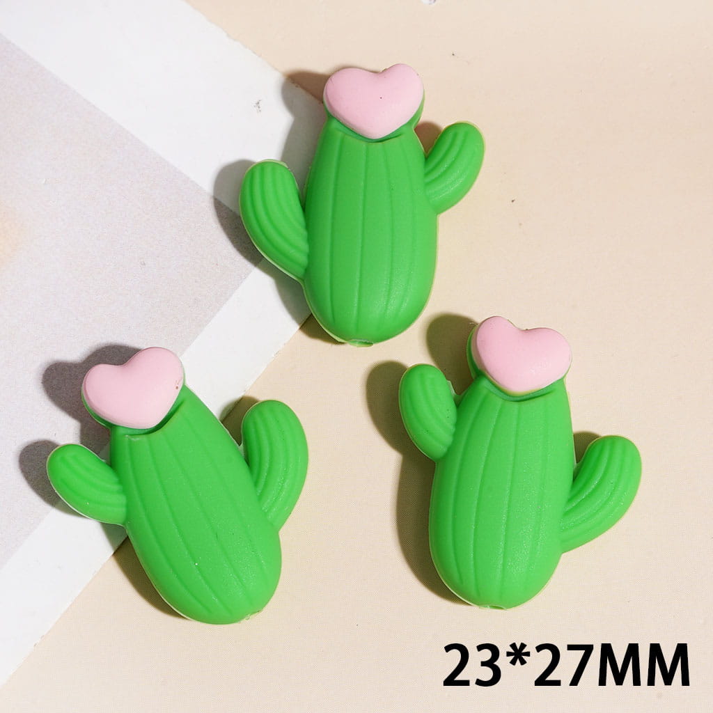 3D Silicone Focal Beads Cactus with Pink Heart, 23*27MM