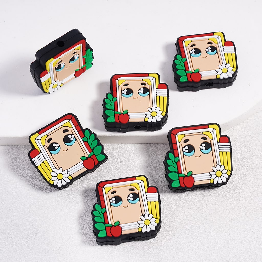 Five cartoon-style photo frame charms on a white background