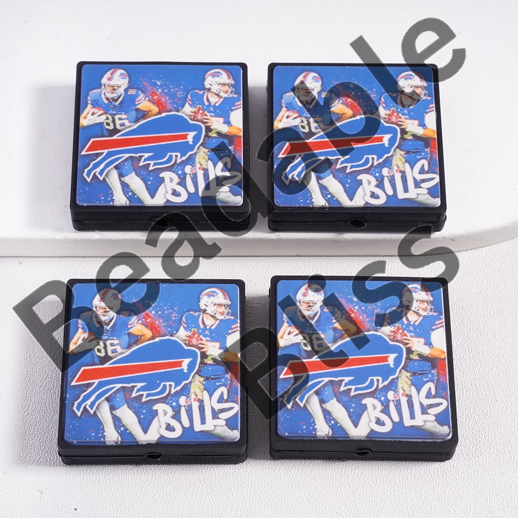 Four Buffalo Bills-themed coasters on a white surface.