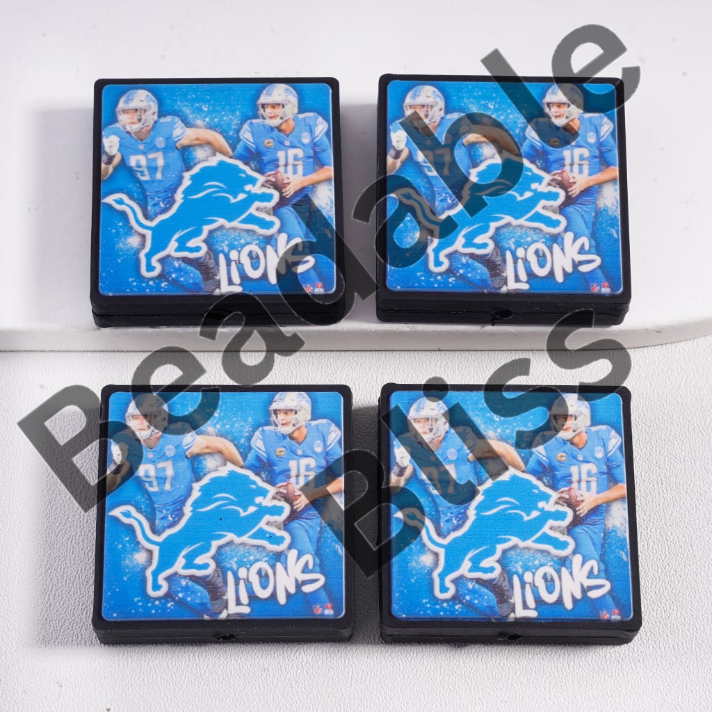 Four coasters with Detroit Lions football players and logo on a white background