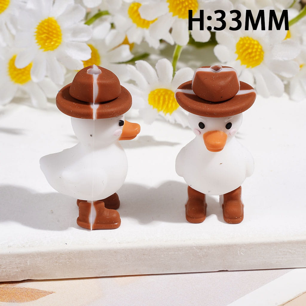 3D White Duck with Brown Hat and Shoes Silicone Focal Beads, Height 33MM