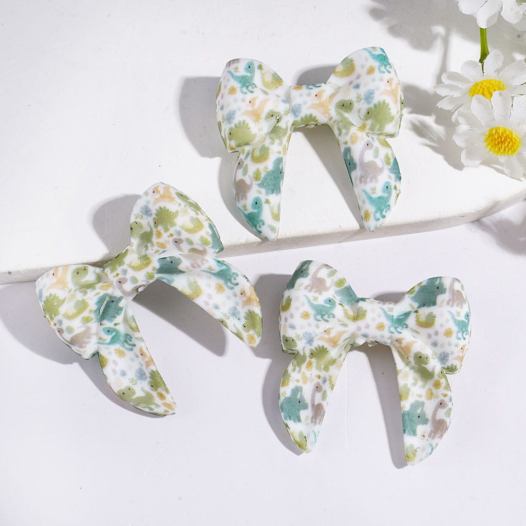 Silicone Focal Beads 3D Bowtie Shape with Dinosaurs Series Prints, 40MM