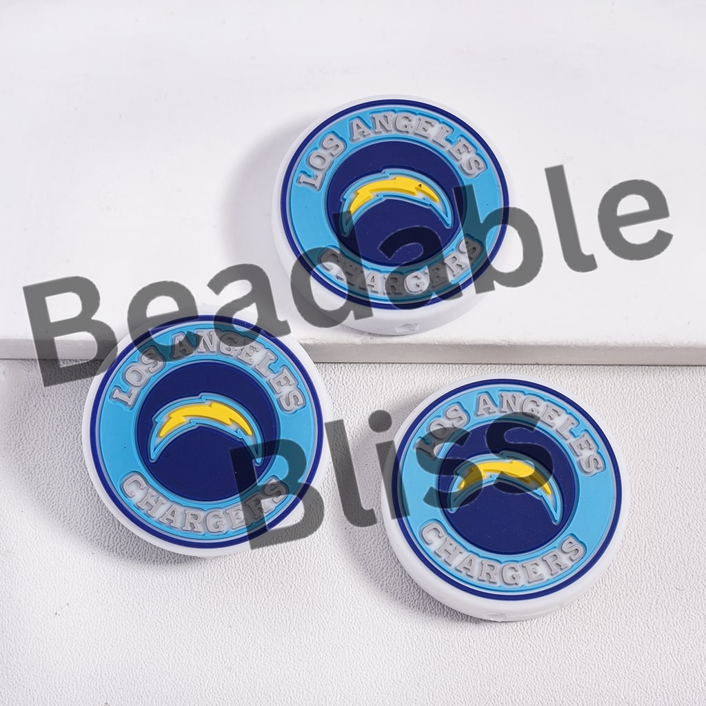 Three Los Angeles Chargers buttons on a white background with 'beadablebliss' text.