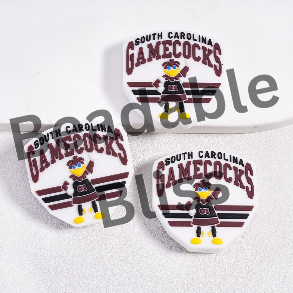 Three 'South Carolina Gamecocks' themed coasters on a white background with 'beadablebliss' branding.