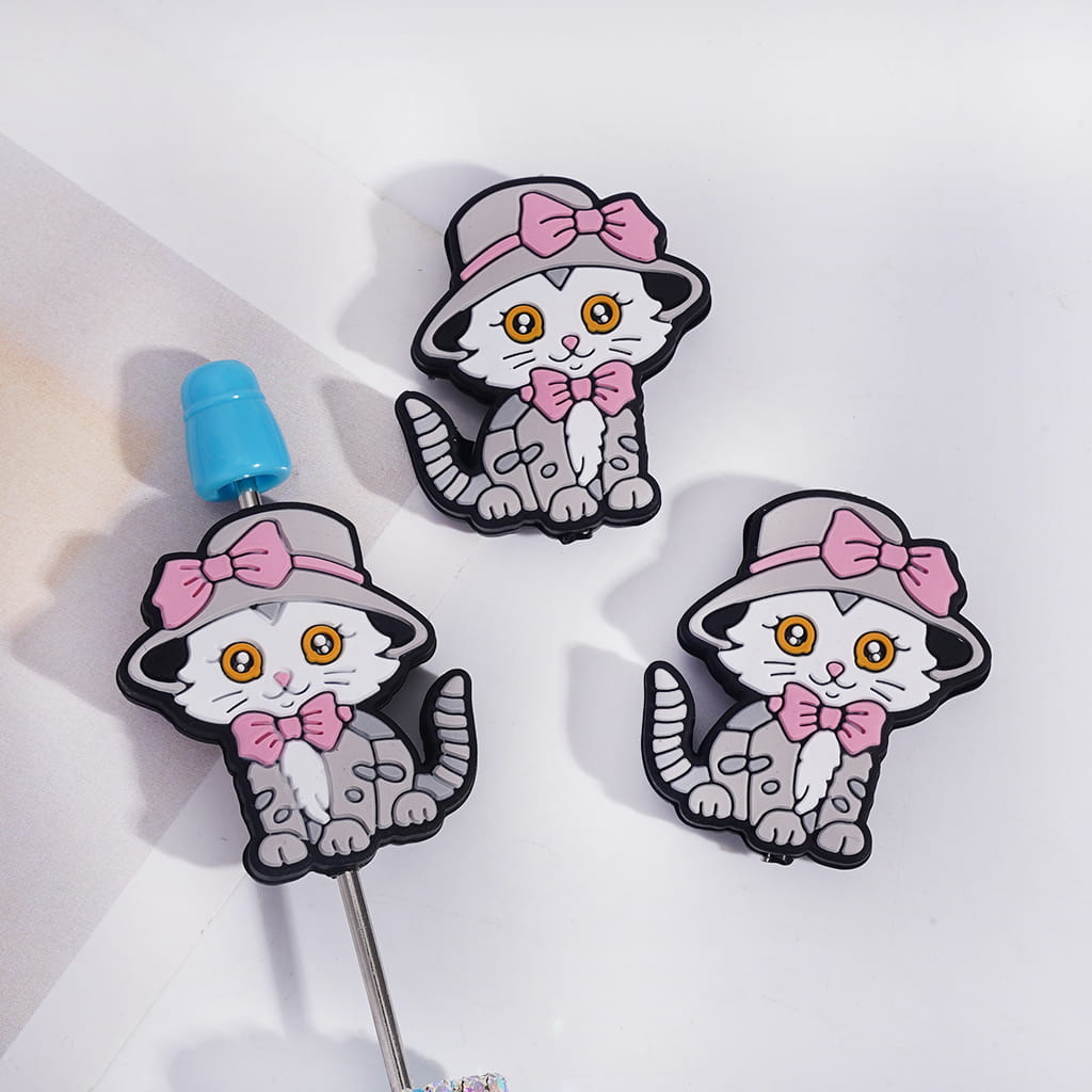 Silicone Focal Beads Elegant Kitten with Pink Bow and Gray Hat