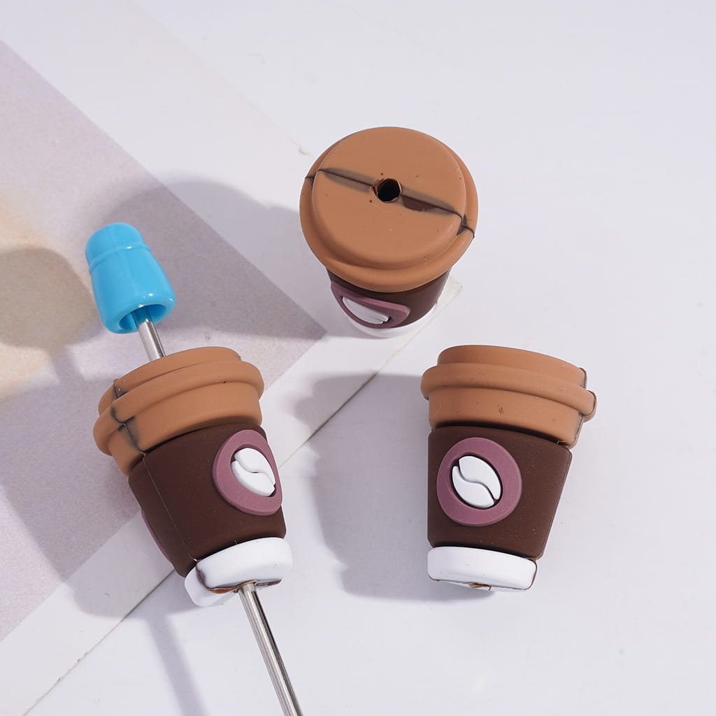 Silicone Focal Beads 3D Cute Coffee Cup with Coffee Bean Pattern