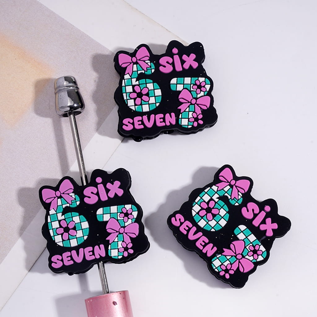 Silicone Focal Beads with Text "SIX SEVEN" and Number "67", Rose Pink Bowtie and Flowers