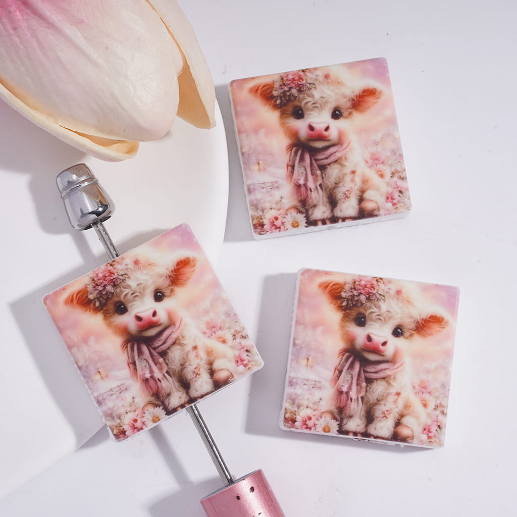 Silicone Focal Beads with Cute Highland Cow Wearing Flowers Garland Pastel Pink, Flat Square Shape