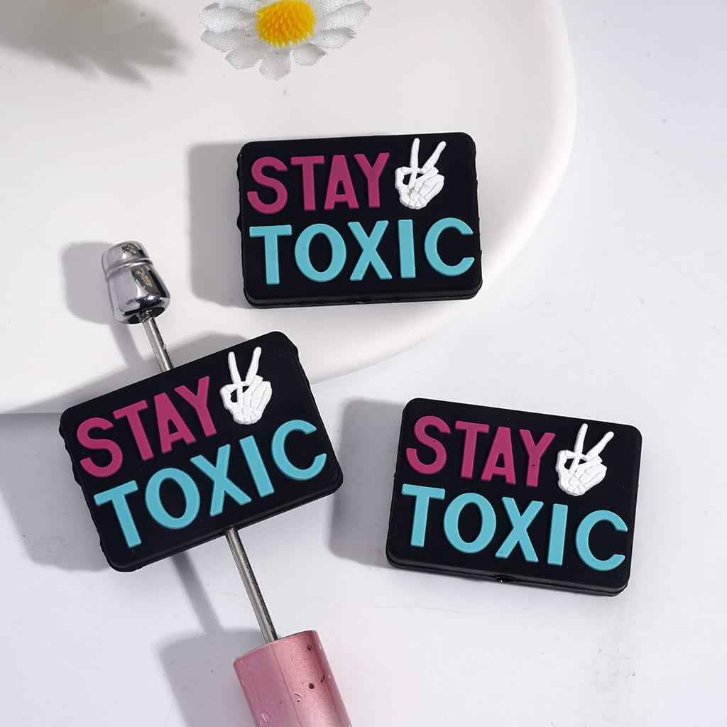 Silicone Focal Beads with Text "STAY TOXIC" and White Skeleton Hand, Flat Rectangle Shape