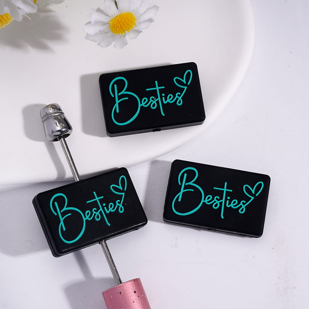 Silicone Focal Beads with Teal Text "Besties" and Heart on Black Background, Flat Rectangle Shape