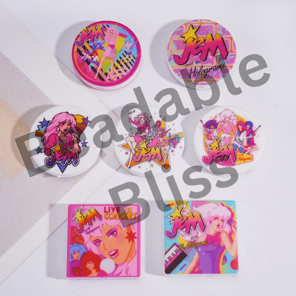 Silicone Focal Beads with Girl Singer Holograms Pattern, Pink Series, Flat Square and Round Shape