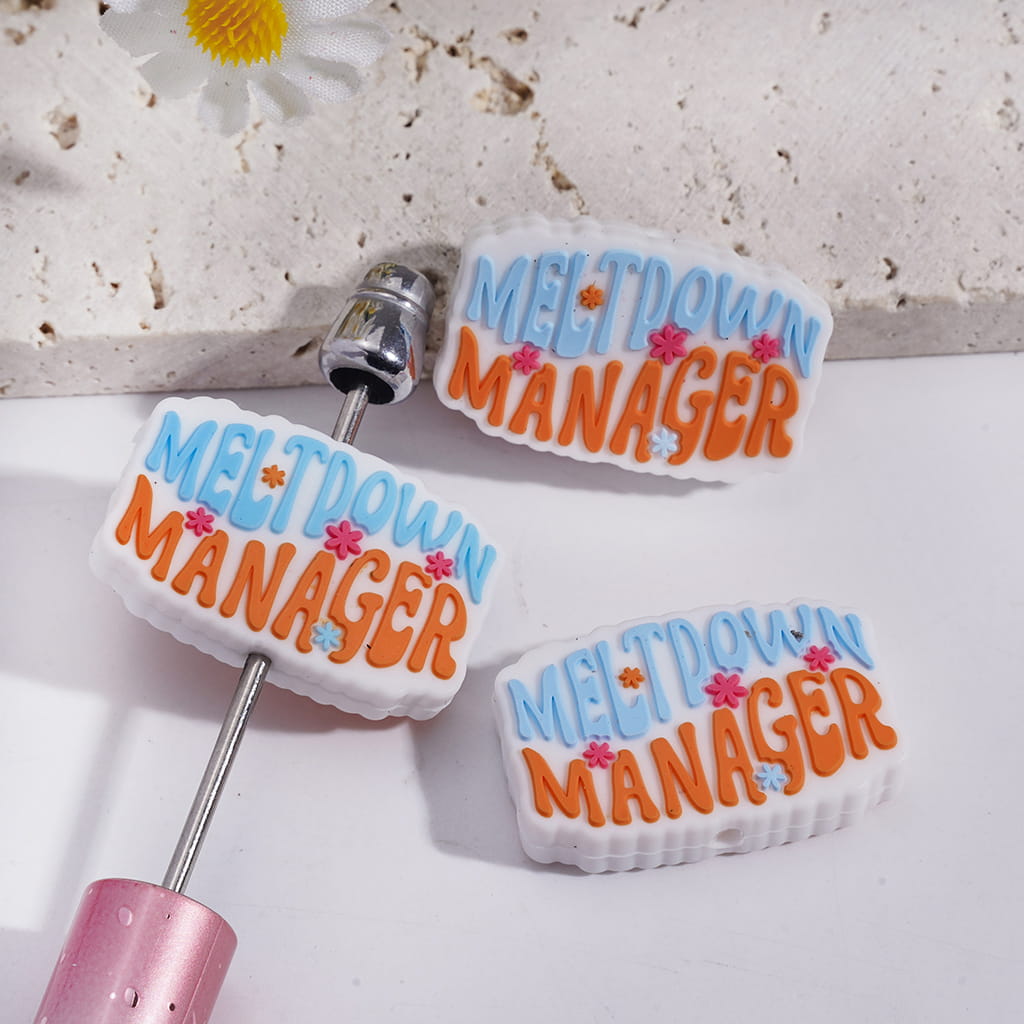 Silicone Focal Beads with Blue Orange Text "MELT DOWN MANAGER" and Various Colors Flowers