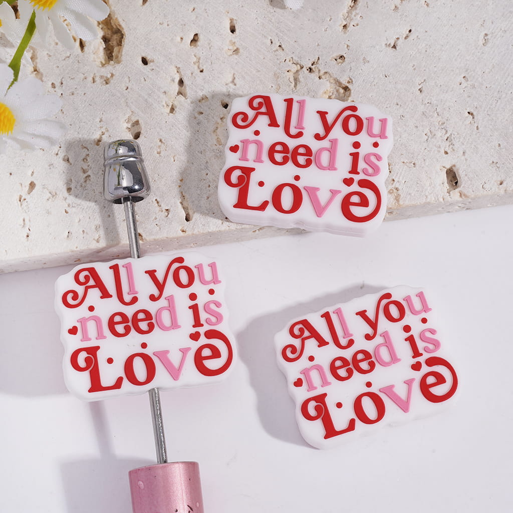 Silicone Focal Beads with Text "All you need is LOVE" and Red Hearts Polka Dots