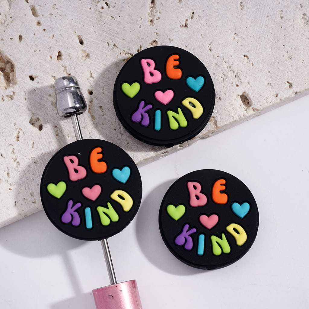 Silicone Focal Beads with Various Colors Text "BE KIND" and Heart on Black Background, Flat Round Shape