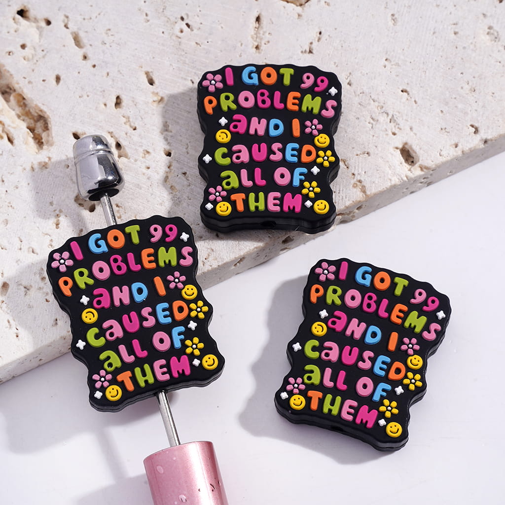 Silicone Focal Beads with Text "I GOT 99 PROBLEMS AND I CAUSED ALL OF THEM" and Yellow Smiling Face Expression Flowers