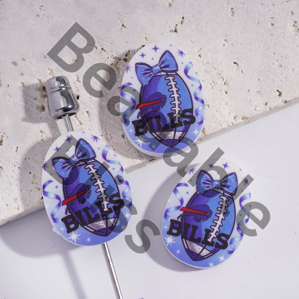 Silicone Focal Beads Oval Shape with Buffalo Football Prints