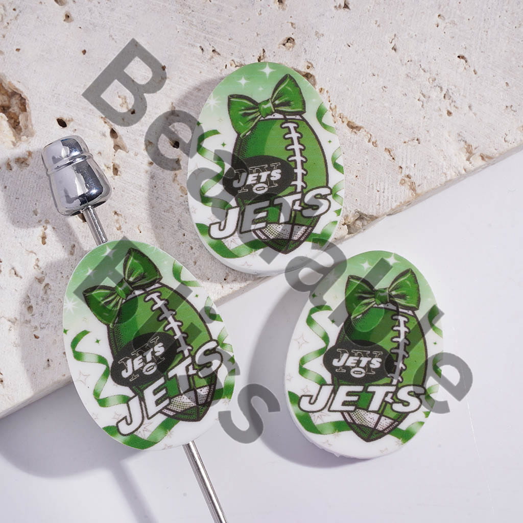 Silicone Focal Beads Oval Shape with NY Jets Football Prints