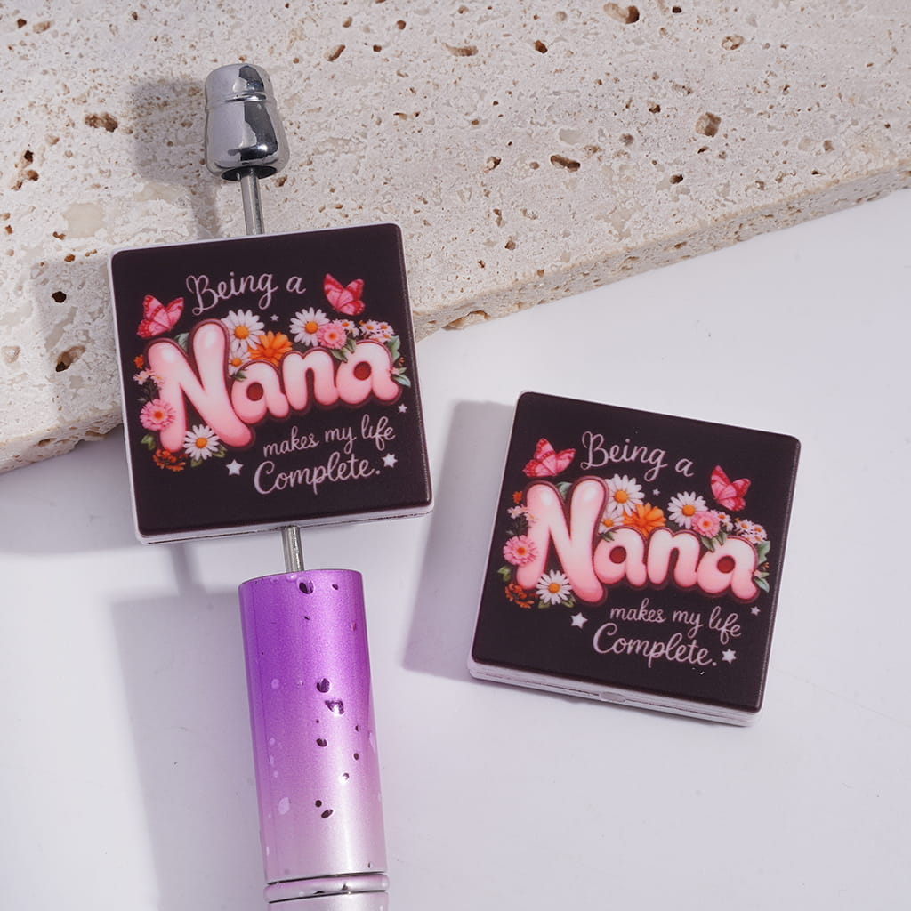 Silicone Focal Beads with Text "Being a NaNa makes my life Complete" and Flowers Butterflies, Flat Square Shape