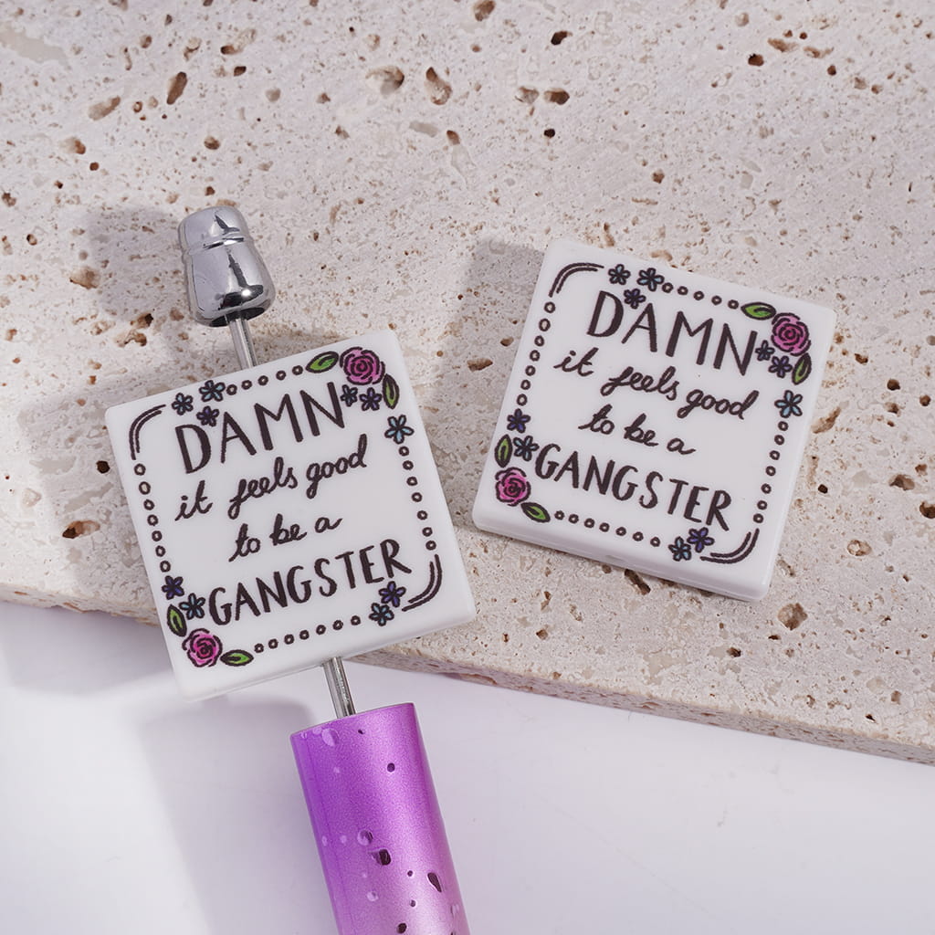 Silicone Focal Beads with Text "DAMN it feels good to be a GANGSTER" and Flowers Edge, Flat Square Shape