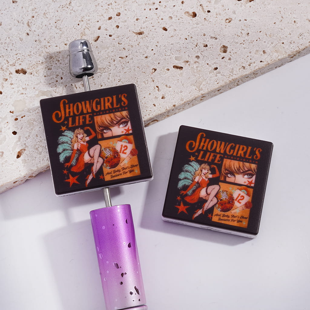 Silicone Focal Beads with Orange Text "SHOWGIRL'S LIFE" and Dancing Girl, Flat Square Shape