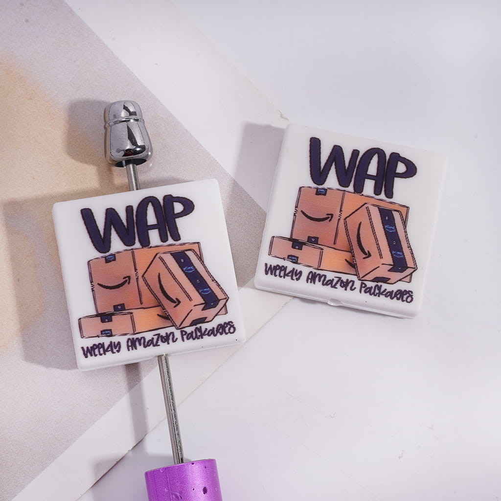 Silicone Focal Beads with Text "WAP & Weekly Amazon Packages" and Cartons, Flat Square Shape