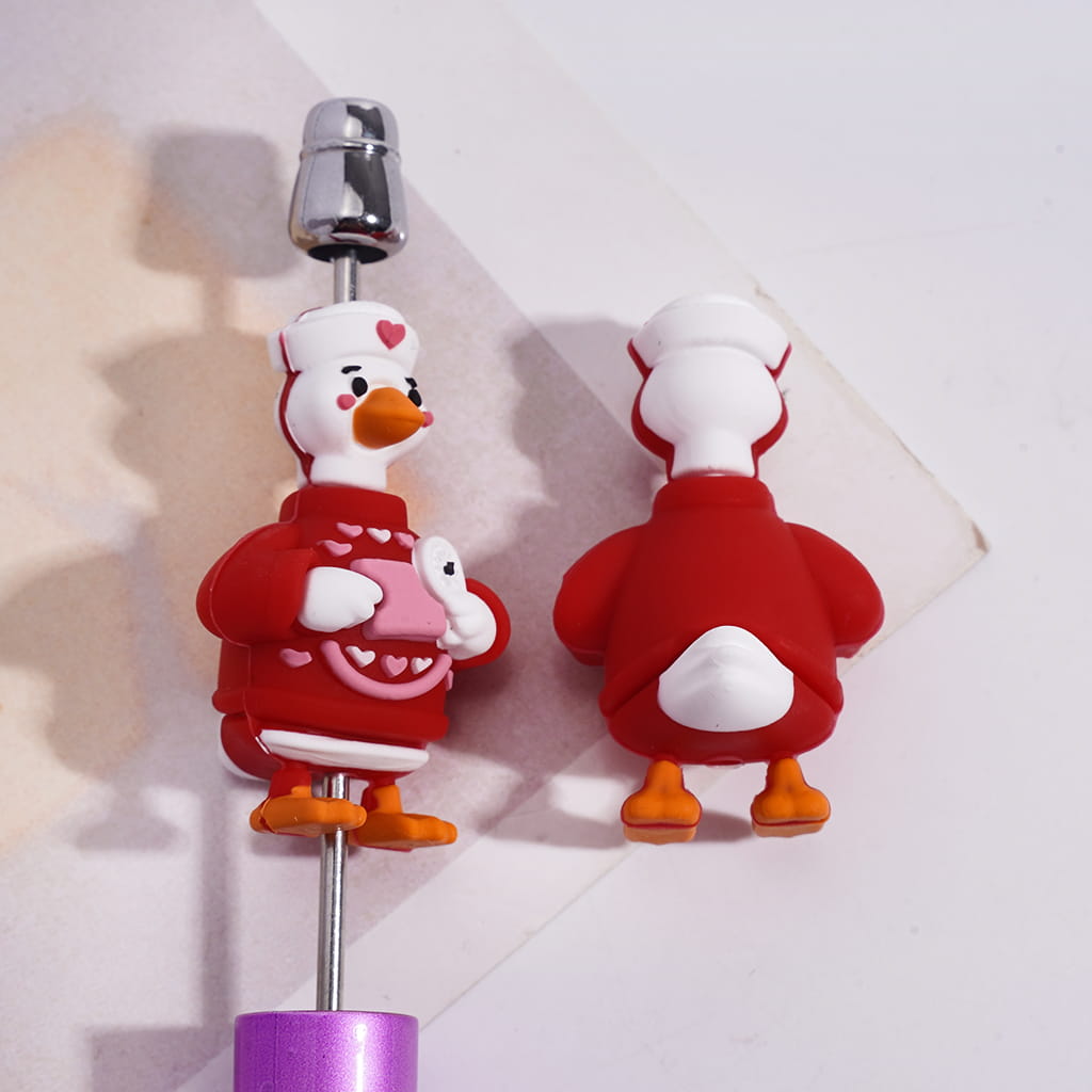Silicone Focal Beads 3D Nurse Duck Wearing Red Sweater and Holding Blood Pressure Monitor