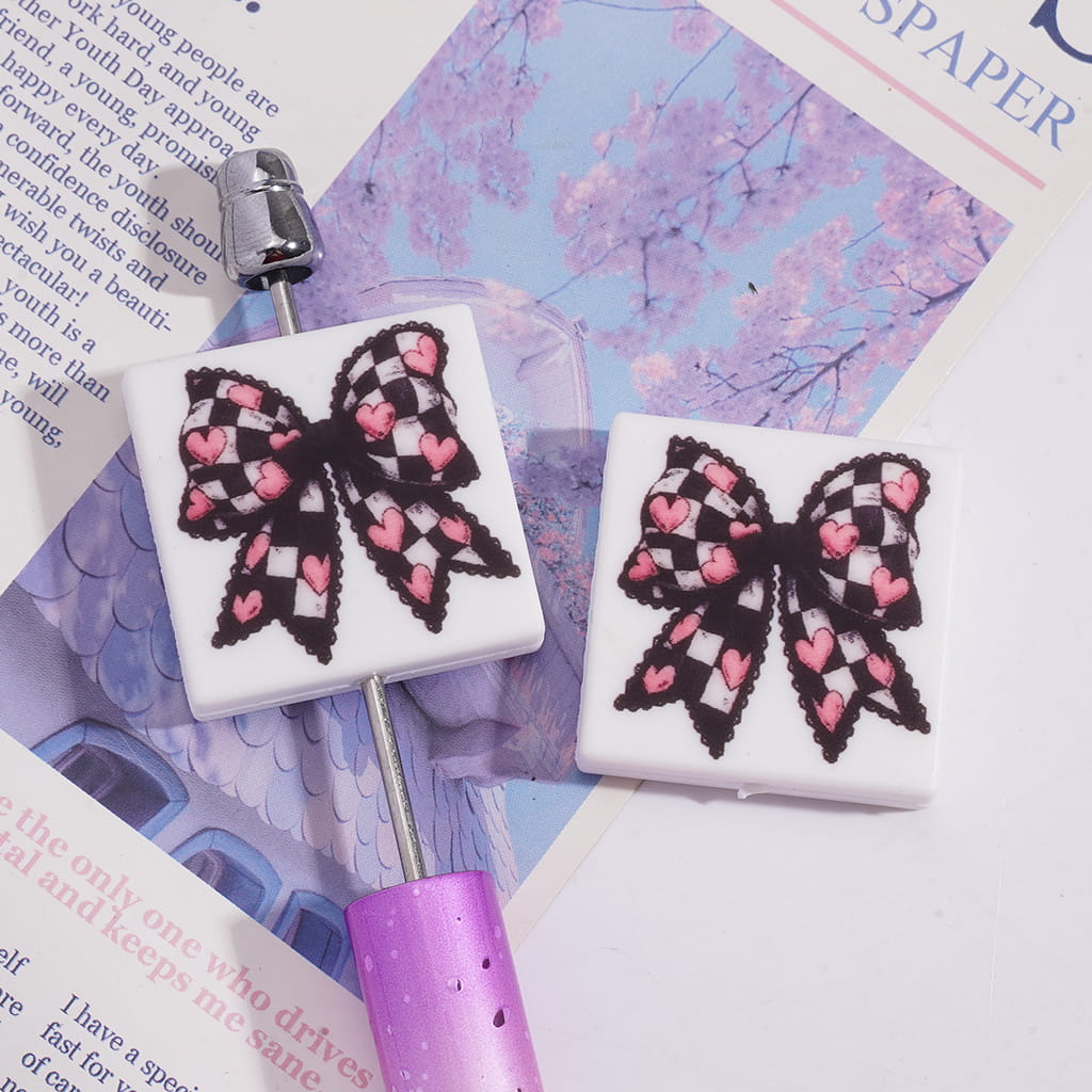 Silicone Focal Beads with Black White Checkered and Pink Heart Bowknot on White Background, Flat Square Shape