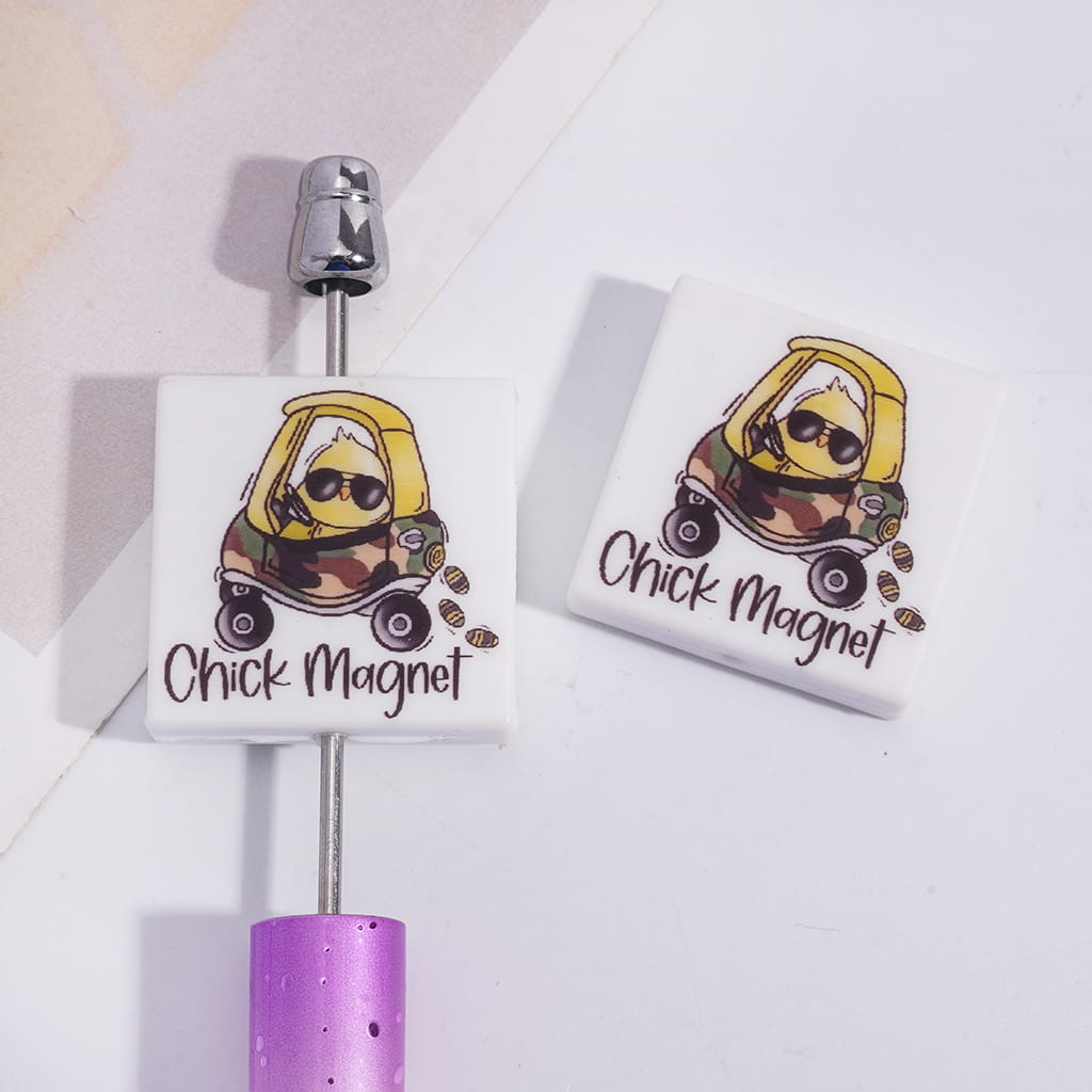 Silicone Focal Beads with Yellow Chick Drive Car and Text "Chick Magnet", Flat Square Shape