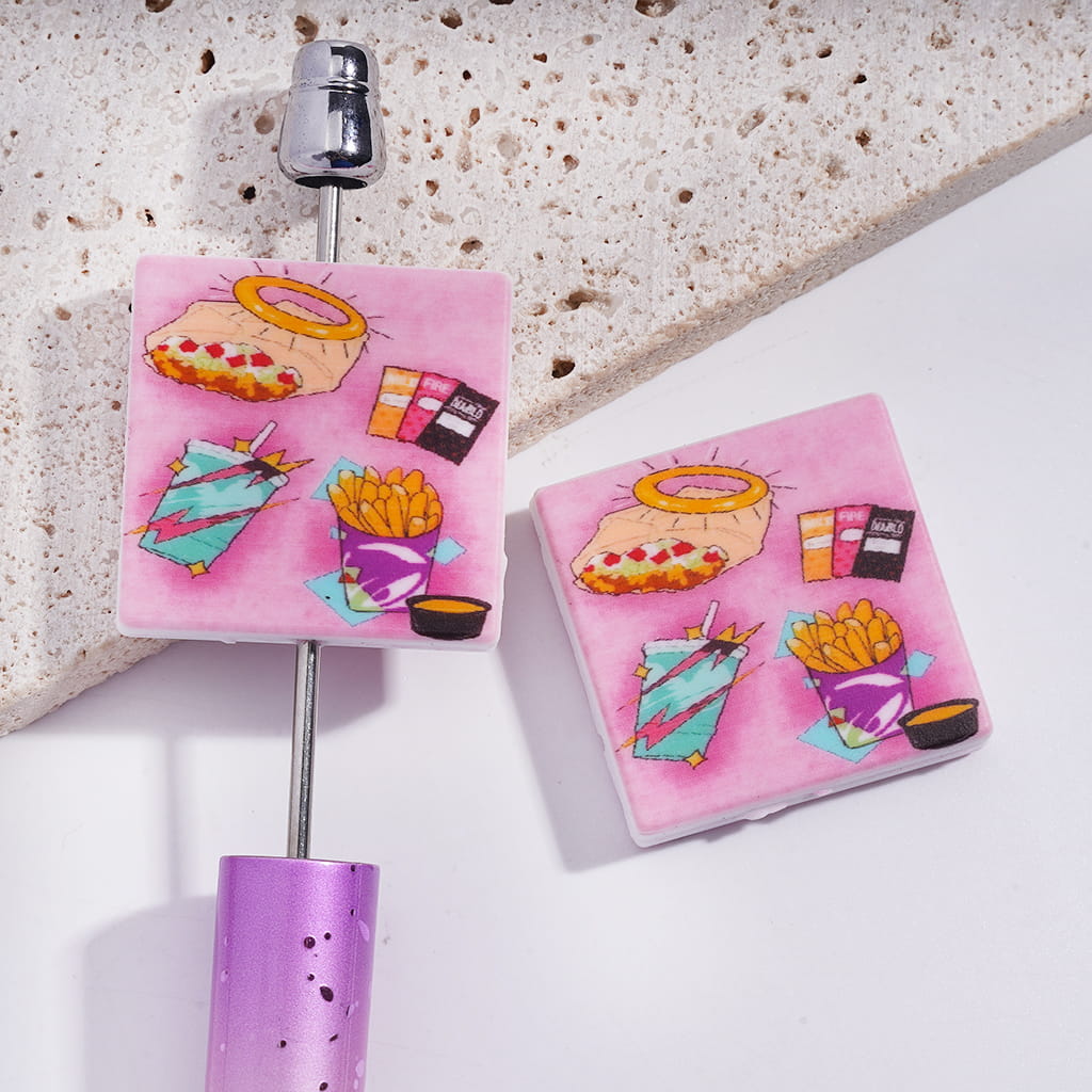 Silicone Focal Beads with American Fast Food on Pink Background, Flat Square Shape