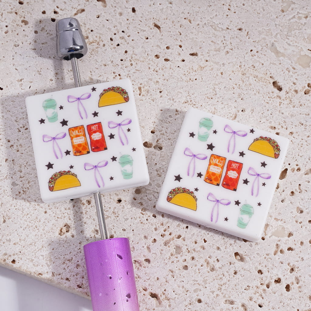 Silicone Focal Beads with Fast Food Theme and Black Star Purple Bowtie, Flat Square Shape