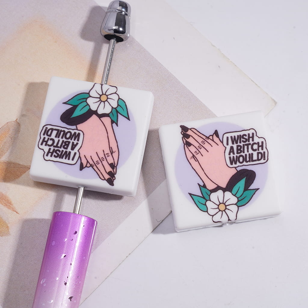 Silicone Focal Beads with Text "I WISH A HUMOR WOULD!" and Prayer Gesture White Flower, Flat Square Shape