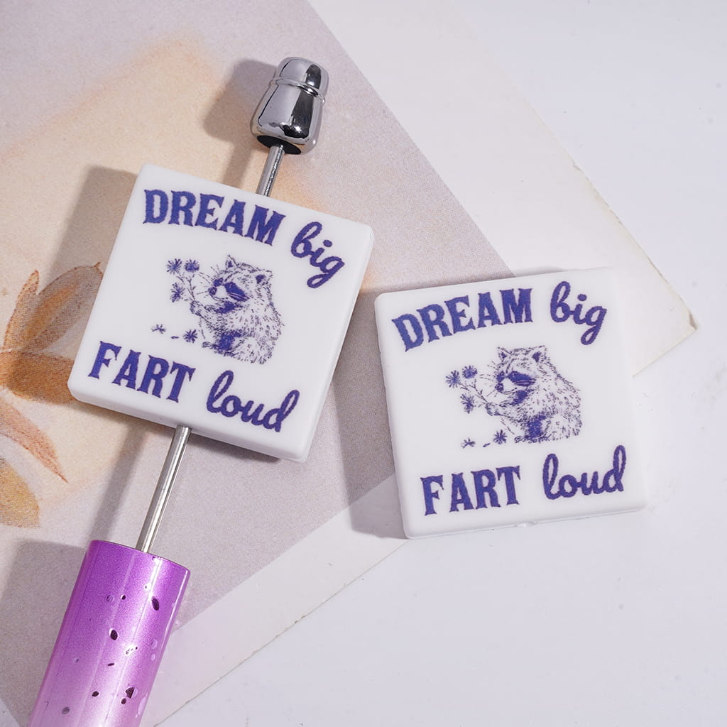 Silicone Focal Beads with Text "DREAM Big Humor loud!" and Raccoon Blowing Dandelions, Flat Square Shape