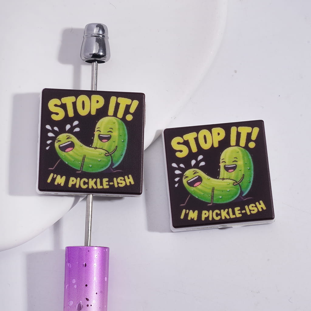 Silicone Focal Beads with Cucumbers and Text "STOP IT & I'M PICKLE-ISH", Flat Square Shape