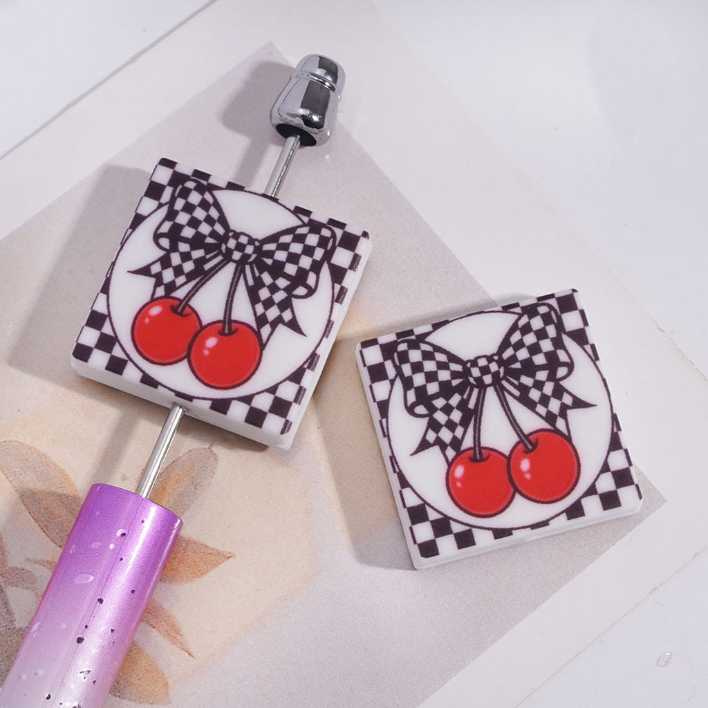 Silicone Focal Beads with Black White Checkered Bowtie and Cherry Patterns, Flat Square Shape