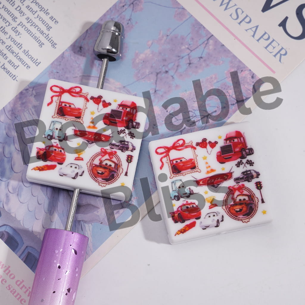 Silicone Focal Beads with Various Style Sports Car Patterns, Flat Square Shape