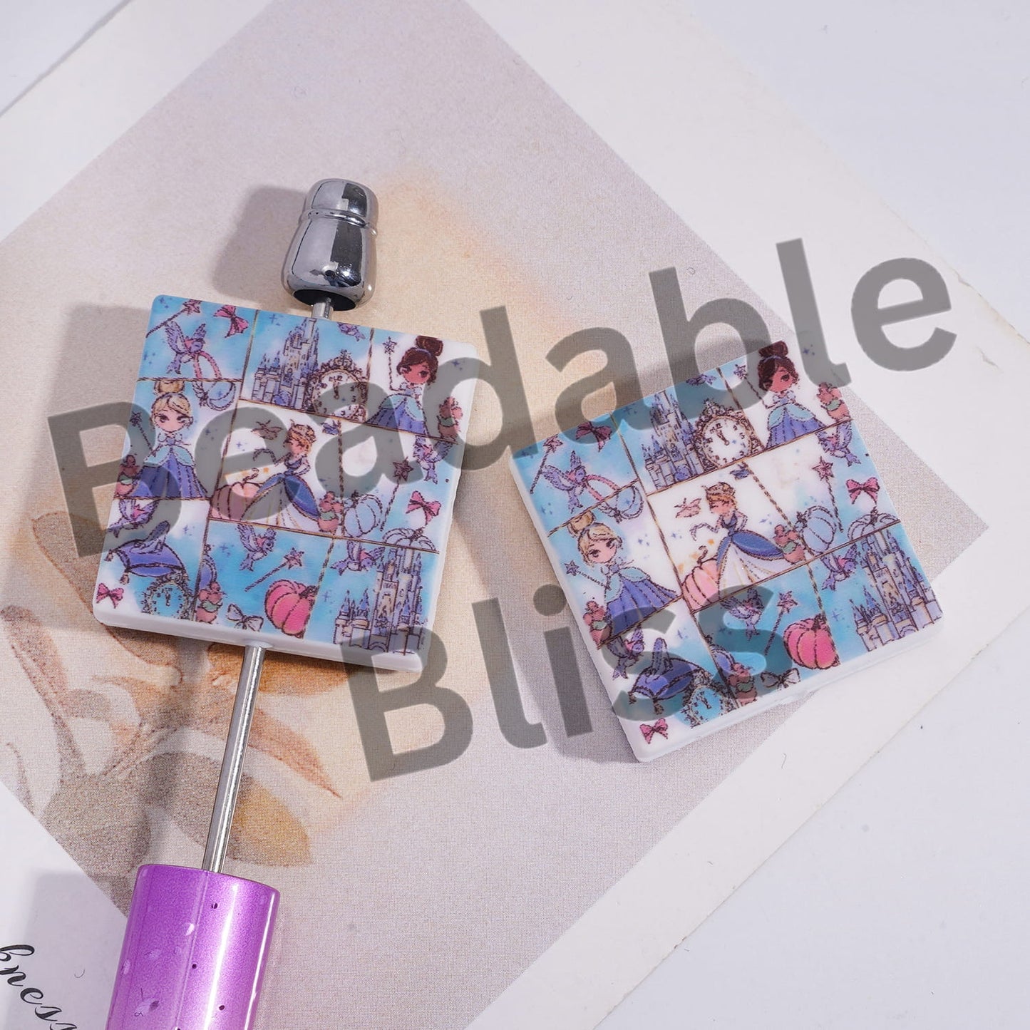 Silicone Focal Beads with Beautiful Princess Character in Comic Layout, Flat Square Shape