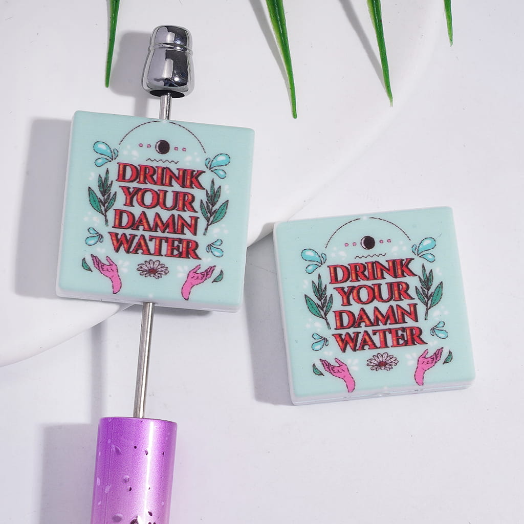 Silicone Focal Beads with Text "DRINK YOUR ... WATER" and Mint Leaves Pink Hand, Flat Square Shape