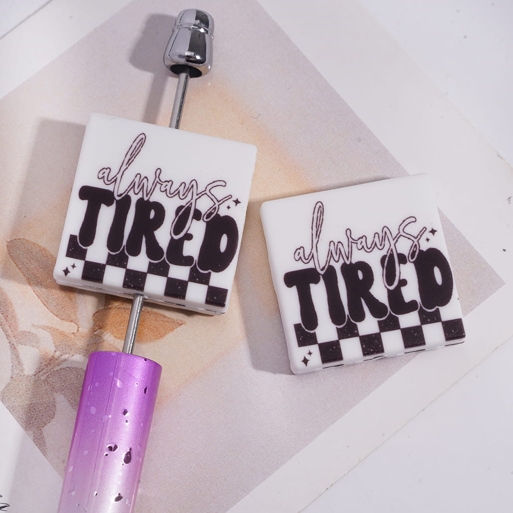 Silicone Focal Beads with Text "always TIRED" and Black White Checkered, Flat Square Shape