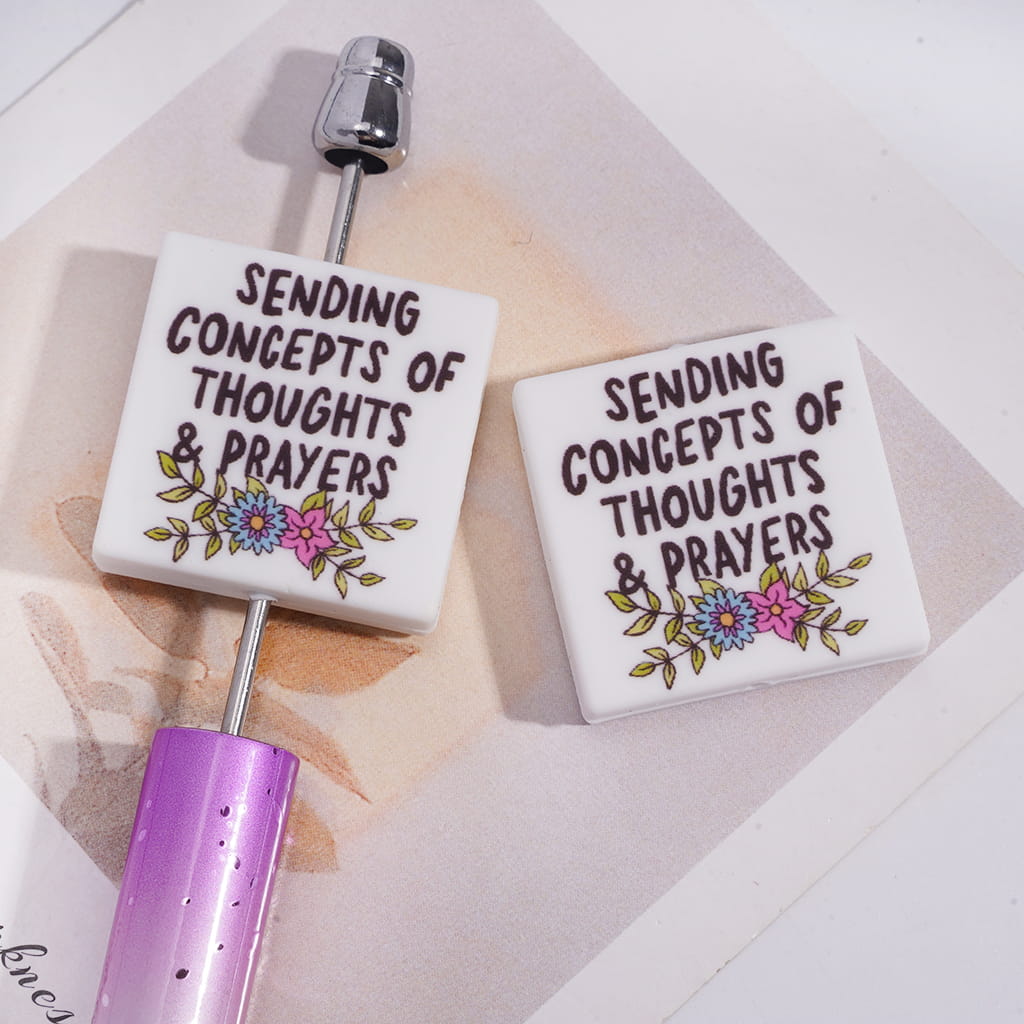 Silicone Focal Beads with Red Text "SENDING CONCEPTS OF THOUGHTS & PRAYERS" and Blue Pink Flowers Leaf, Flat Square Shape