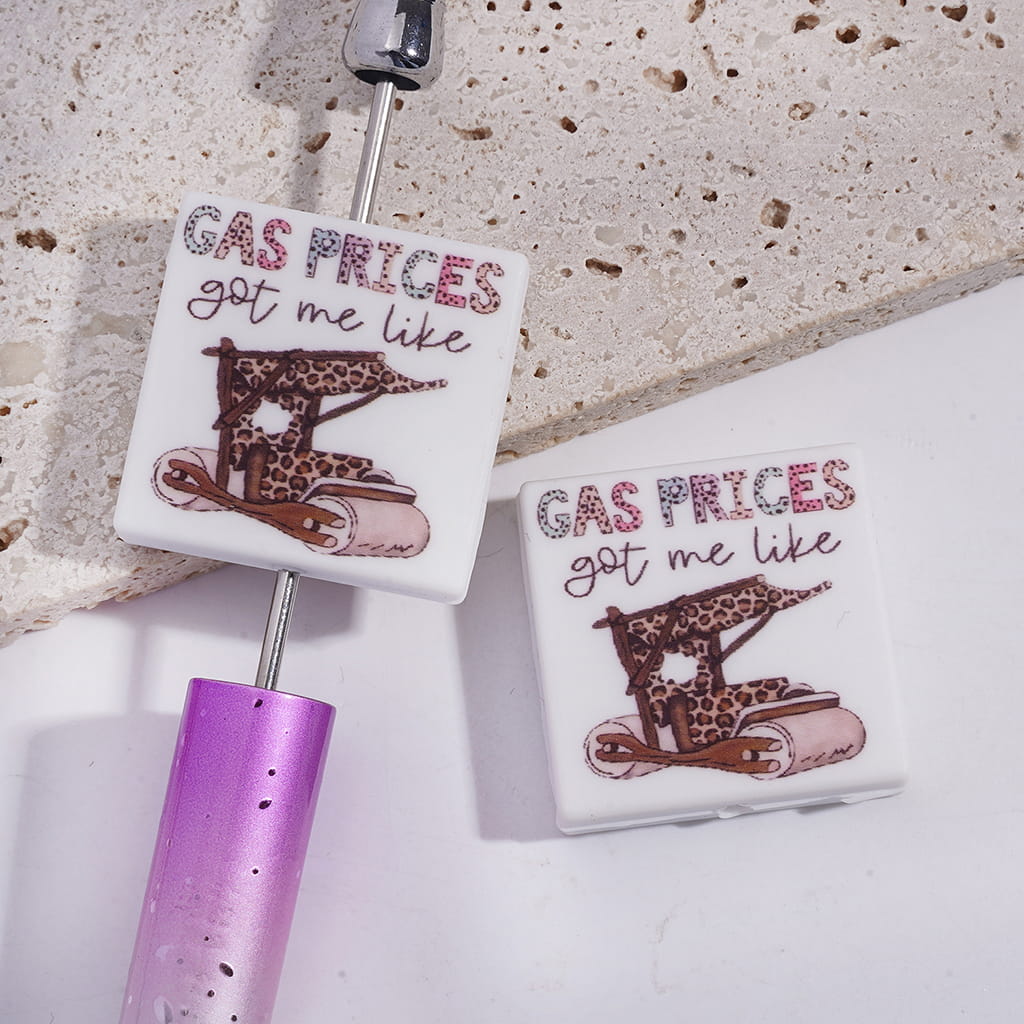 Silicone Focal Beads with Text "GAS PRICES got me like" and Leopard Printed Car, Flat Square Shape