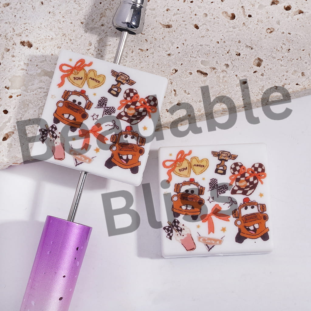 Silicone Focal Beads with Sports Car Competition Series Patterns, Flat Square Shape
