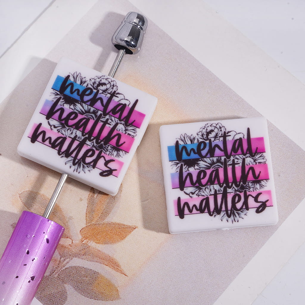 Silicone Focal Beads with Text "mental health matters" on Blue Purple Pink Ombre Color Stripes Flowers Background, Flat Square Shape