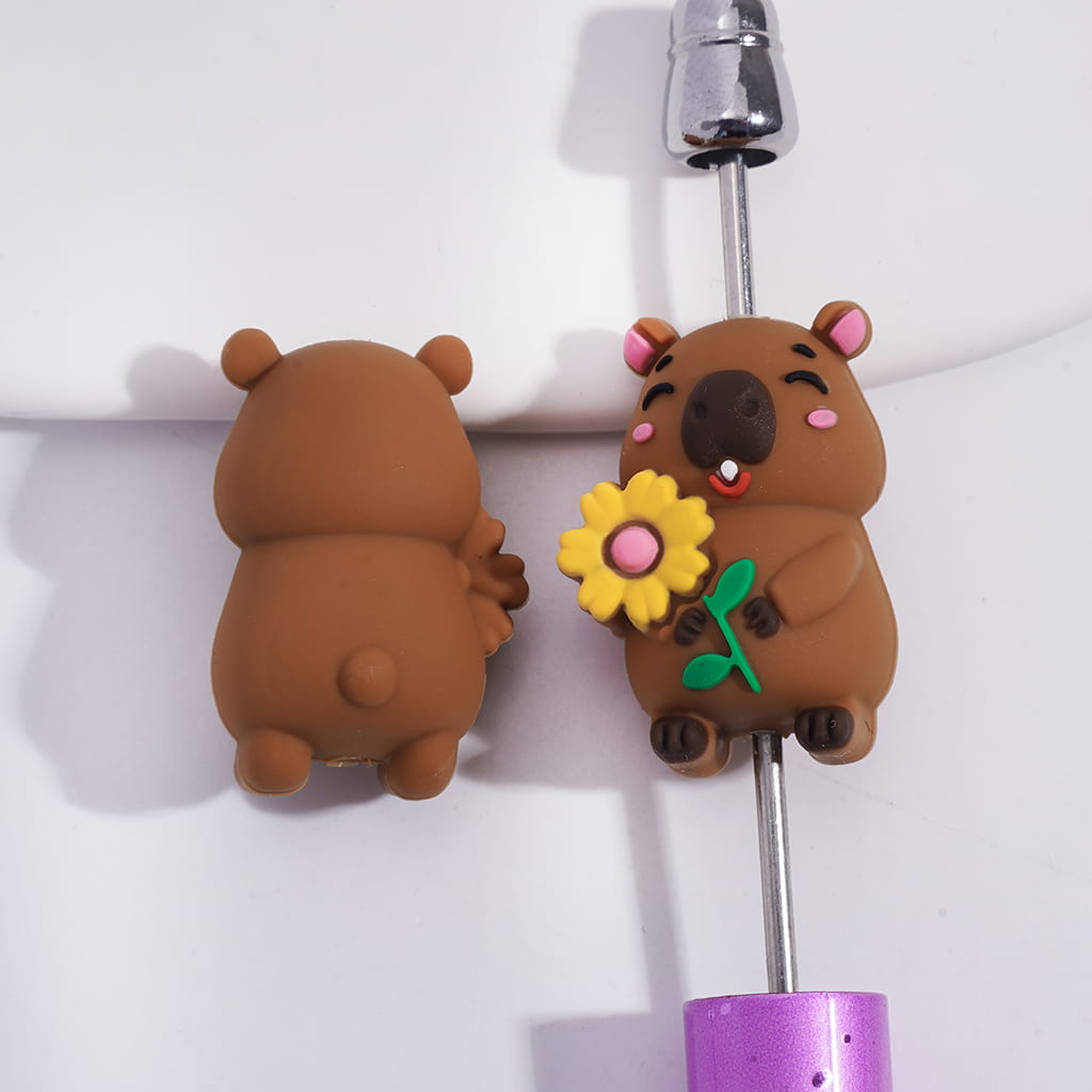 Silicone Focal Beads 3D Cute Capibara Holding Yellow Flower