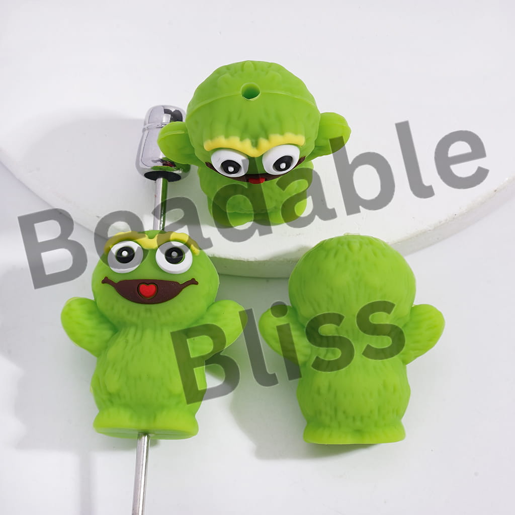 Silicone Focal Beads 3D Classic Puppet Character Green Monster in Trash Can