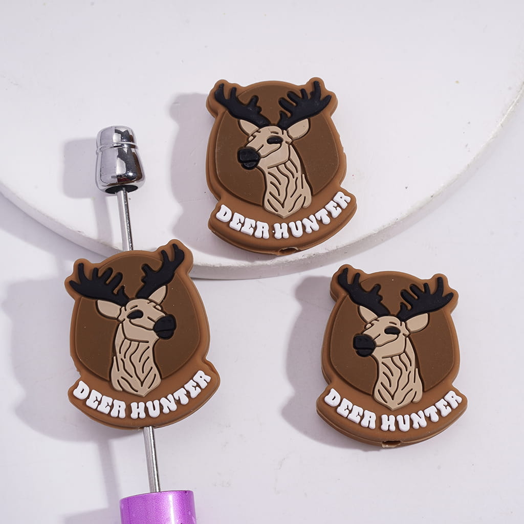 Silicone Focal Beads Light Brown Elk and Text "DEER HUNTER"