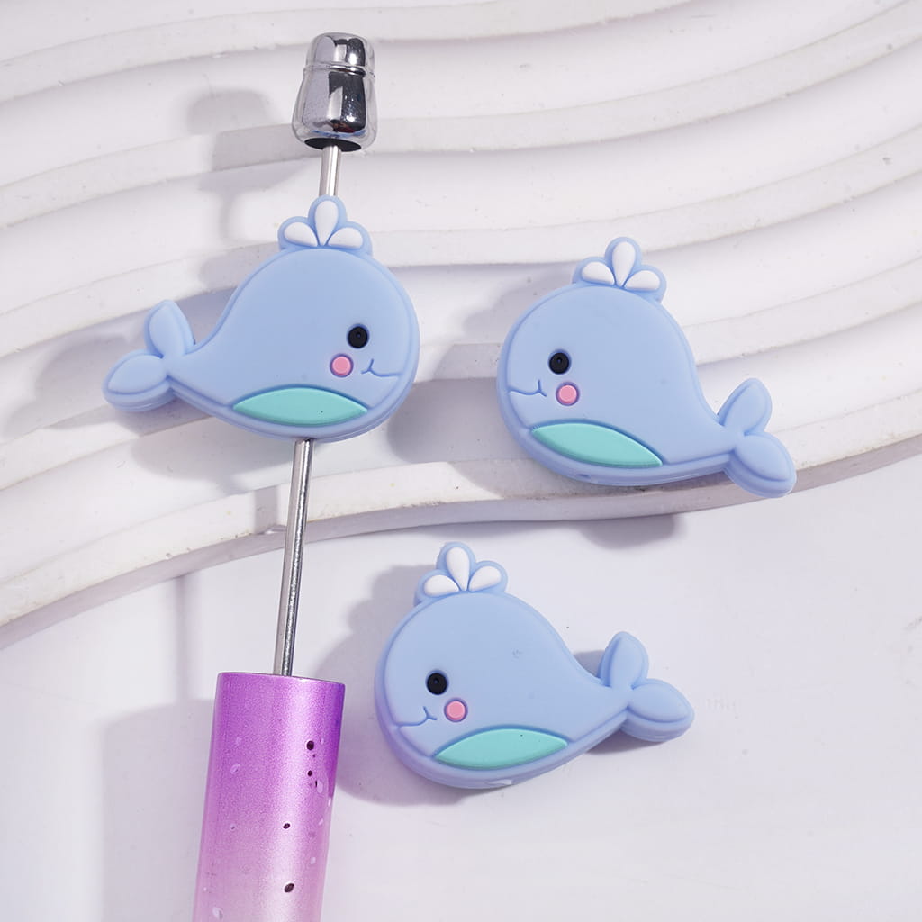 Silicone Focal Beads Cute Blue Marine Whale with Water on Blowhole