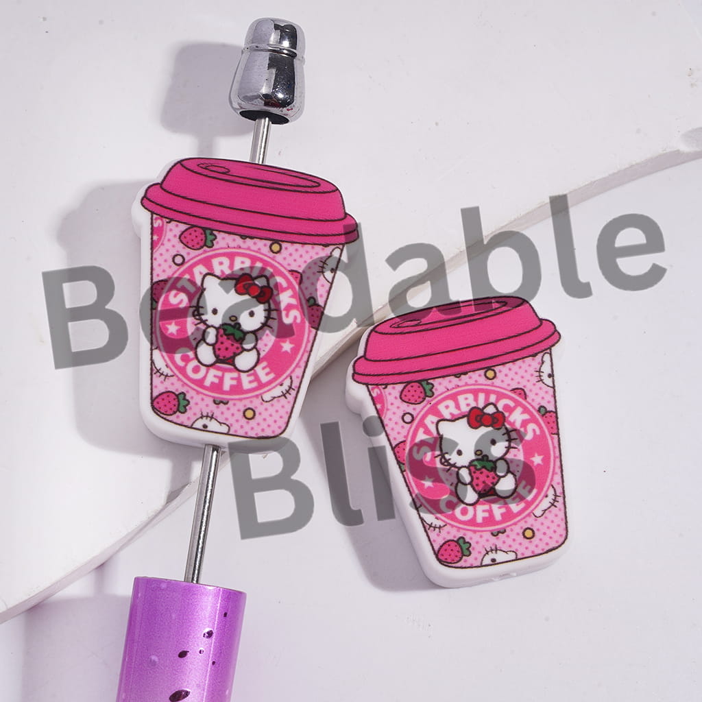 Silicone Focal Beads Coffee Cup with Strawberry Cute Cat Character Patterns